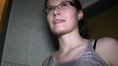 PublicAgent Provoking Glasses Cutie Bangs In Public Bathroom