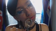 Kissable Girl In Glasses Applies Lip Gloss And Tongue Teases Glass Sextoy