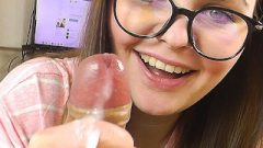 Blow Job And Wank From Honey In Glasses A Lot Of Spunk