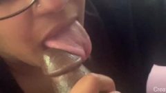 Chocolate Honey With Glasses Slurping The Penis Outside In Daylight